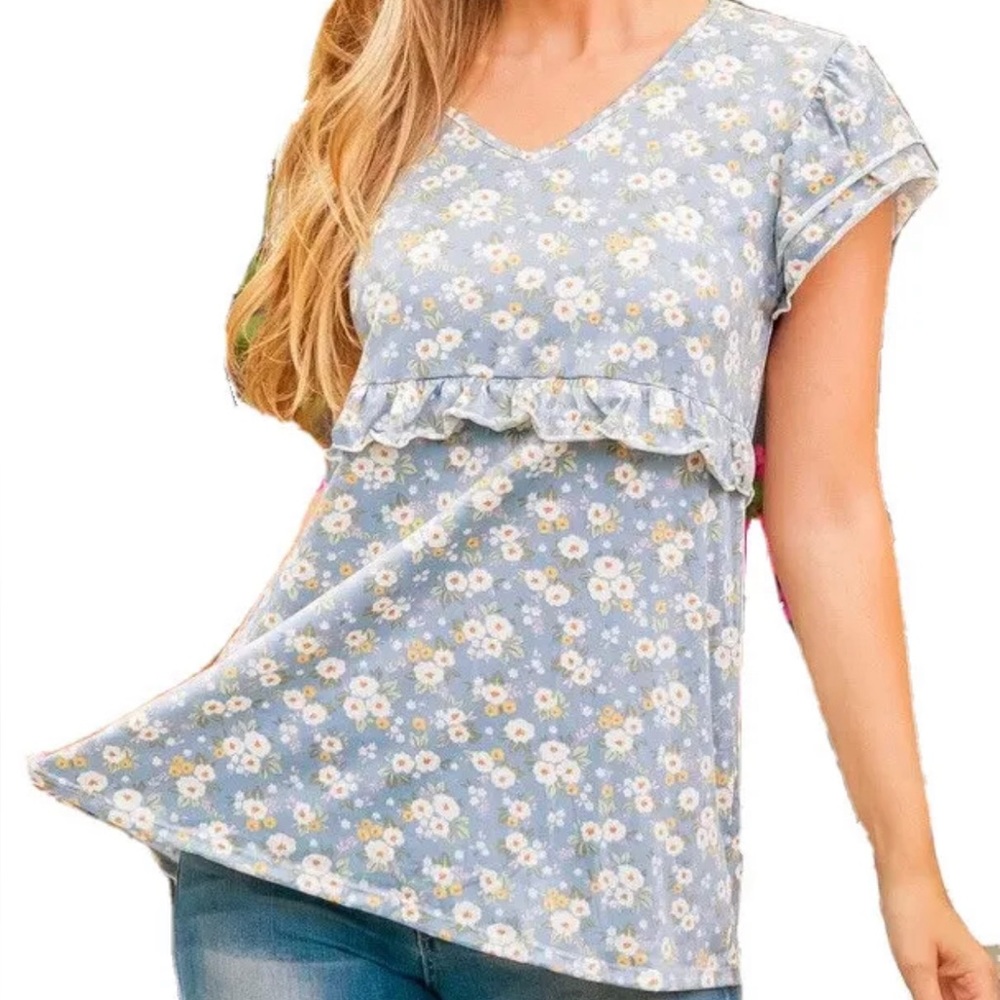 Perfect Peach Dainty Blue Floral Ruffle Sleeve/Front Short Sleeve Top S (4/6)